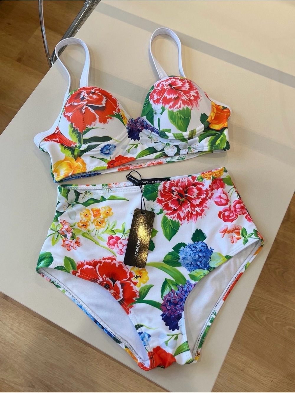 White Floral High-Waist Bikini Set - size S/XS